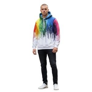 3D‎ Rainbow Paint Drip Hoodie L/XL Color Splash Graphic Pullover Unisex Art NWOT